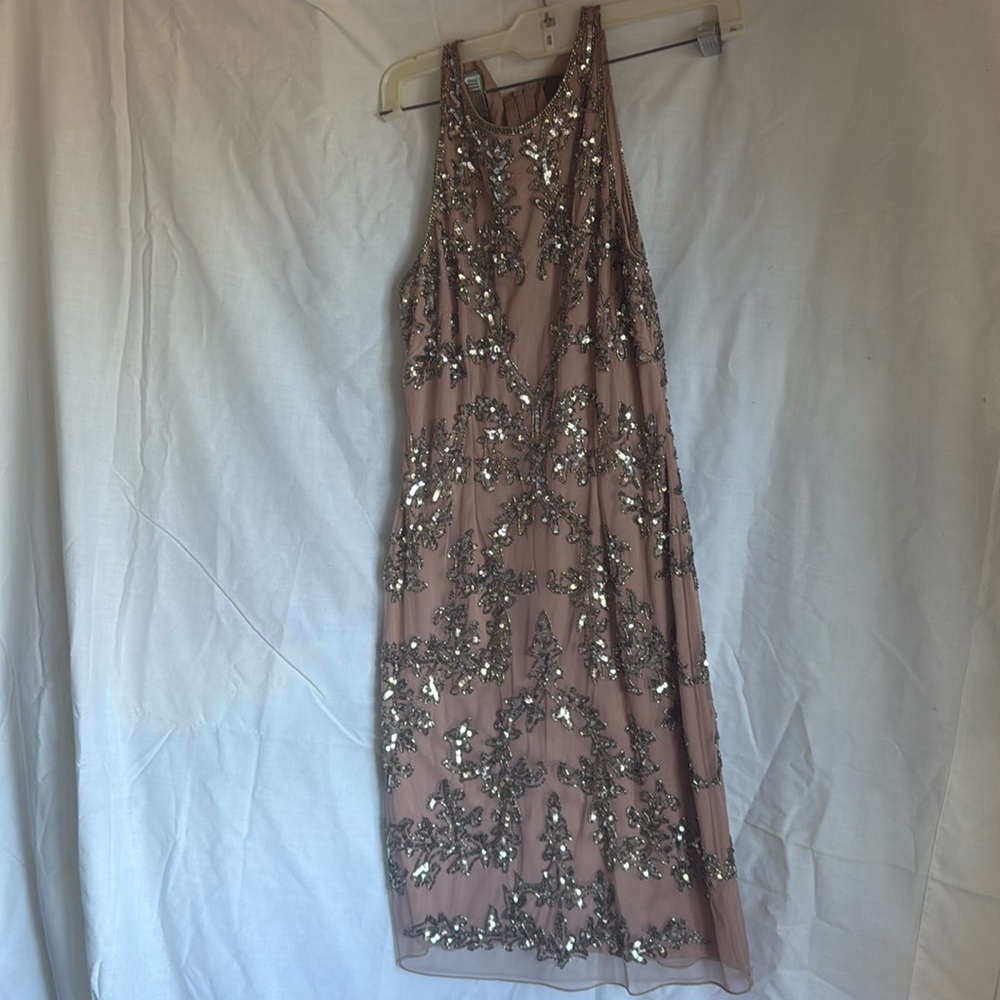 Adrianna Papell Silver Tan Bead and Sequin Sheath Dress